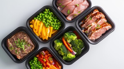 Fitness-focused meal prep, balanced nutrition, proteins, carbs, veggies, isolated background, studio lighting, visually striking and healthy