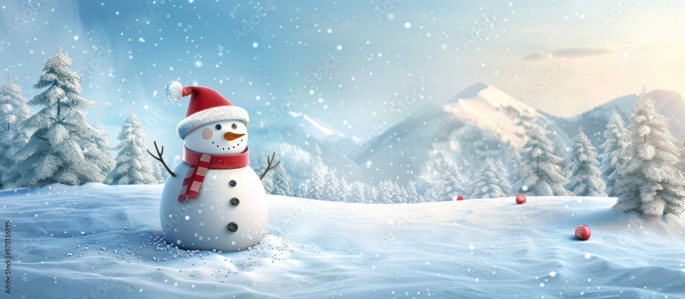 Poster snow-covered landscape with a festive snowman perfect for a christmas greeting card. ample copy spac