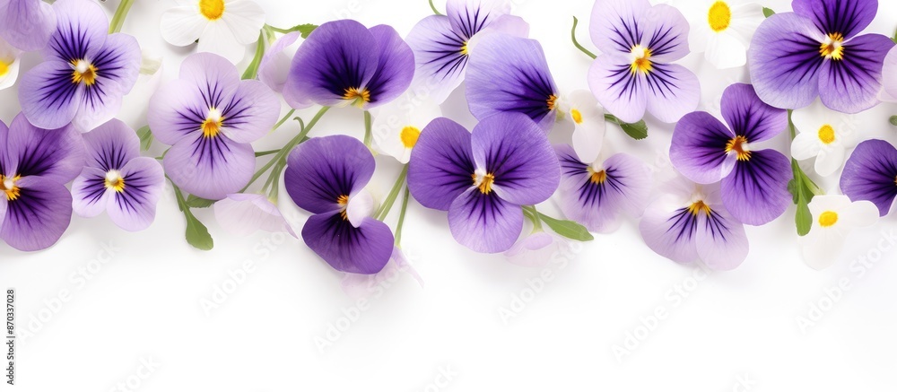 Poster seamless pattern with viola flowers on a white background with copy space image.