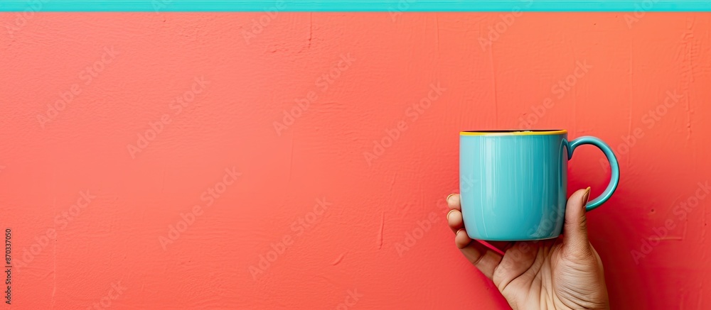 Poster A hand holding a cup with a colorful background, creating a vibrant visual with ample copy space image.