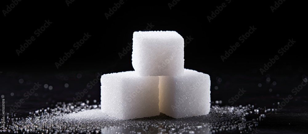 Poster Closeup shot of cube and granulated sugar against a dark backdrop with empty space for text or graphics. with copy space image. Place for adding text or design