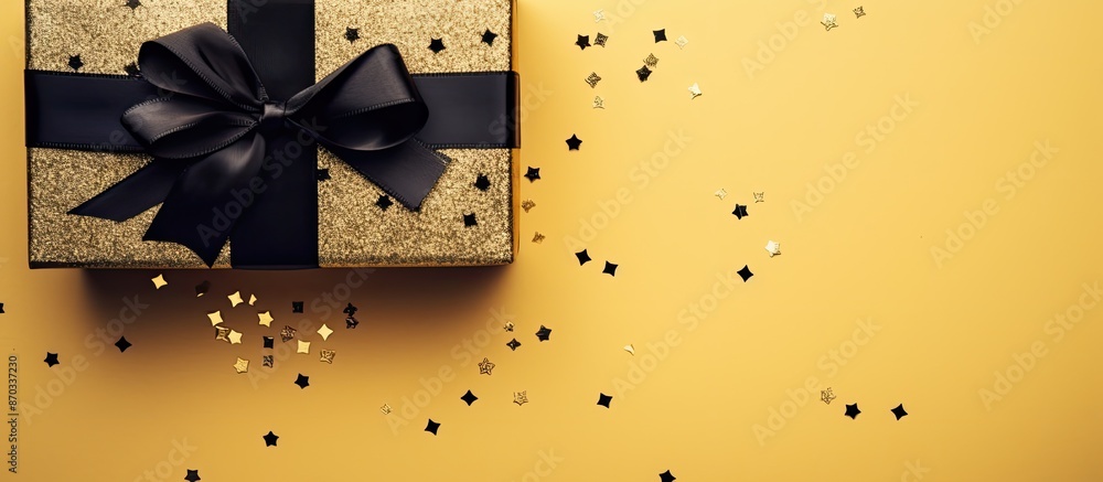 Poster Gift box decorated with a black ribbon on yellow surface, viewed from above, with adequate space for text or image. with copy space image. Place for adding text or design