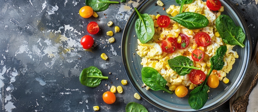 Poster top view flat lay breakfast of scrambled eggs with cherry tomatoes, spinach, and corn on a plate wit