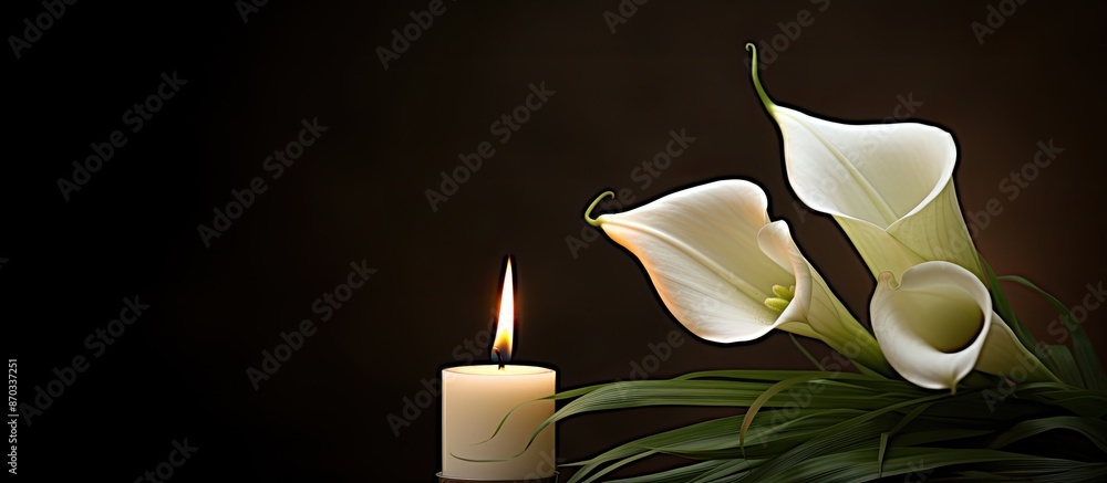 Poster a sympathy card featuring a burning candle, white calla lily against a dark backdrop with a copy spa