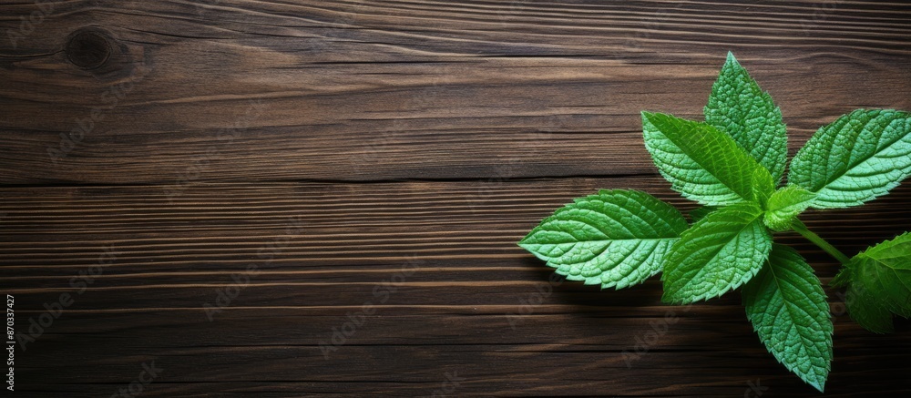 Poster mint leaf on wooden surface with copy space image.