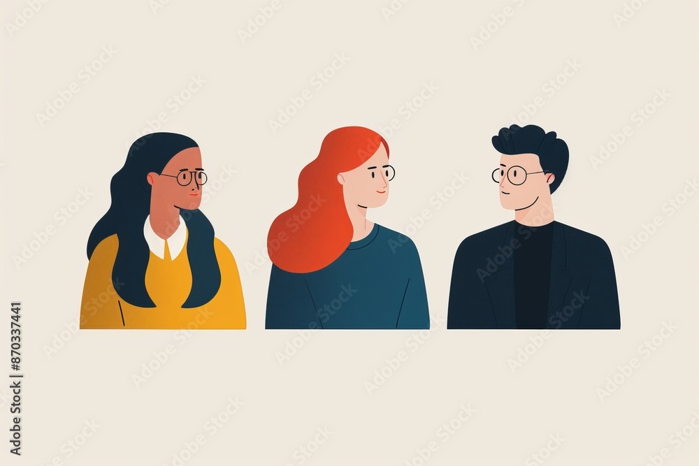 Poster illustration of two diverse people having a conversation with a minimalist background focusing on co