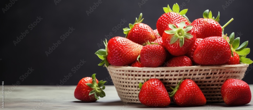 Leinwandbilder close-up soft focus image of ripe strawberries in a white basket on a gray background with copy spac