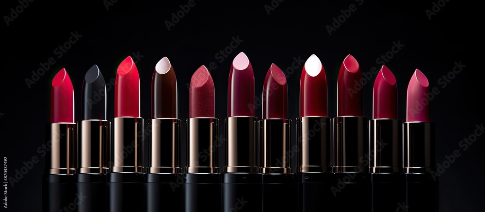 Poster beautiful lipsticks arranged artistically against a dark backdrop with copy space image.