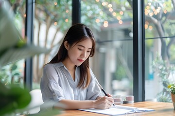 Obraz premium Focused Asian Woman Signing Business Contract at Office Desk