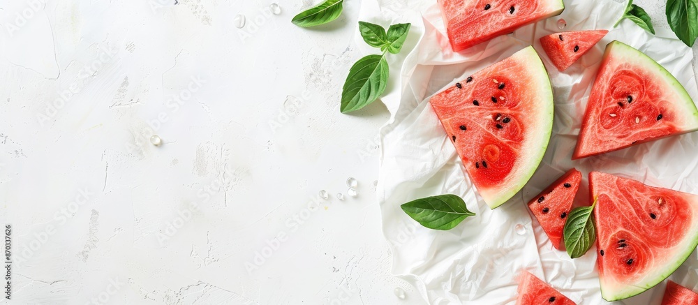 Leinwandbilder Watermelon slices and napkin displayed on a table with a white background, ideal for showcasing copy space image.