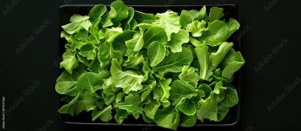 Aufkleber Different types of lettuce slices displayed on a square plate against a black background with a spacious area for additional imagery.