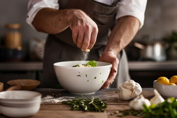 Recipe Developer Creating New Dish, carefully selecting ingredients, Generative AI 