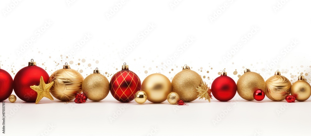 Poster christmas-themed card featuring golden and red ornaments against a white backdrop, ideal for the fes