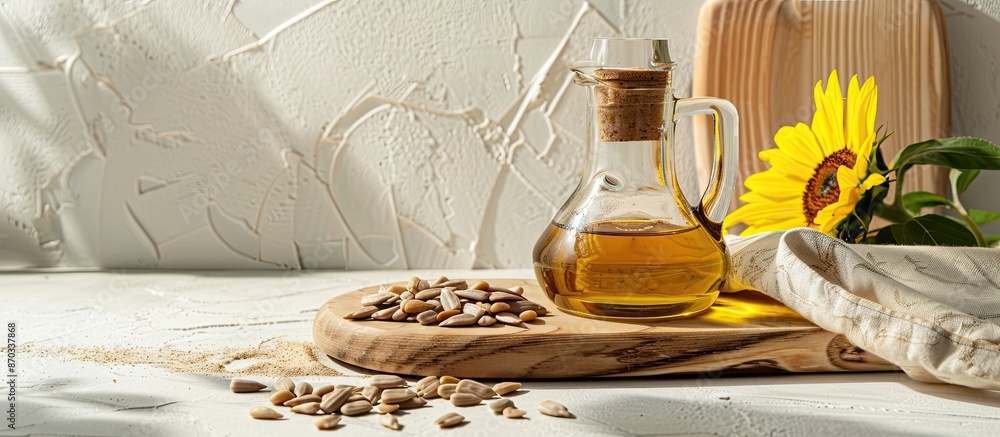 Poster items like a jug of oil, sunflower seeds, a napkin, and a board are placed on a light background for