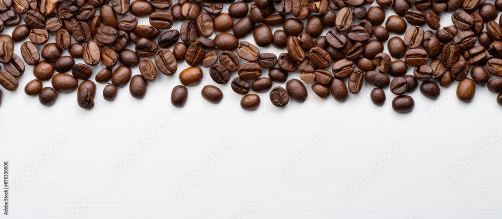 Poster white wooden surface with a creative layout featuring roasted coffee beans enclosed by a white frame