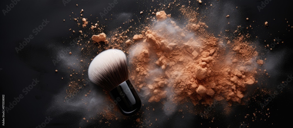Poster flat lay with face powder and makeup brush on black background, with ample copy space image