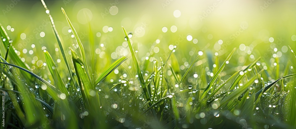 Fototapete Morning dew glistens on blades of vibrant green grass, creating a refreshing spring backdrop with ample copy space for additional elements in the image.