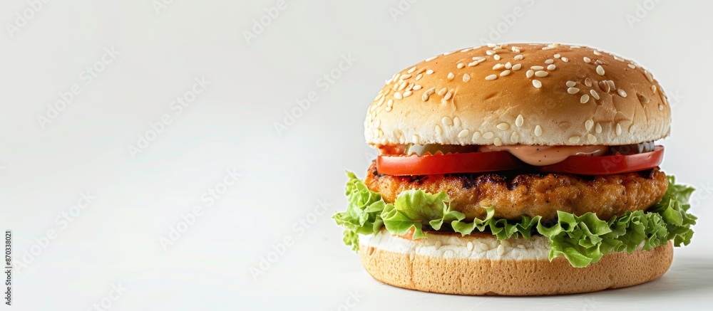 Poster chicken burger isolated on a white background with ample copy space image.
