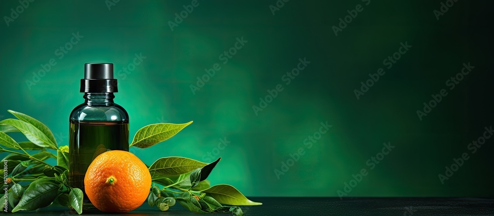 Aufkleber a dark bottle with a dropper containing mandarin oil set against a green backdrop with copy space im