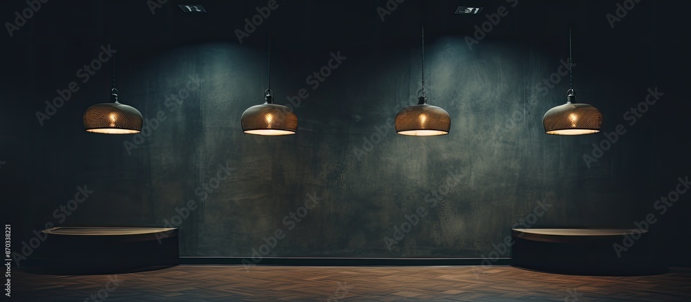 Poster dark room with copy space image featuring three contemporary round ceiling lights hanging from above