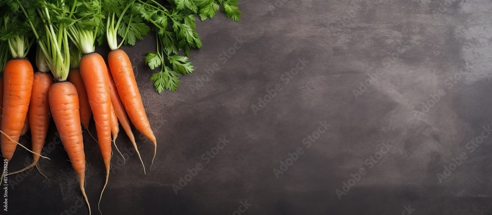 Aufkleber top view of fresh carrots on a gray stone background with copy space image available, ideal for text