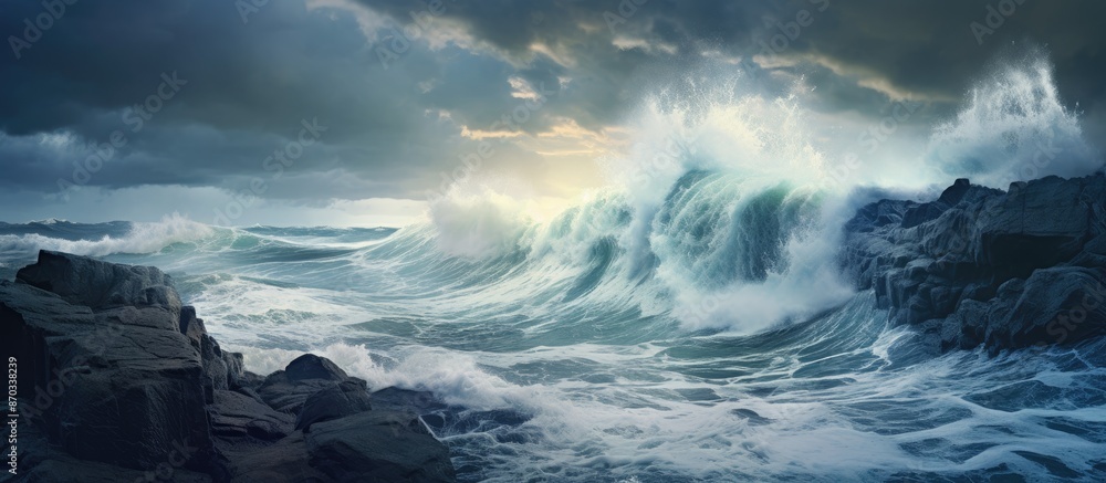 Poster Stormy sea waves crashing against a rocky seashore, featuring intense winds and dynamic waves, creating a dramatic scene with copy space image.