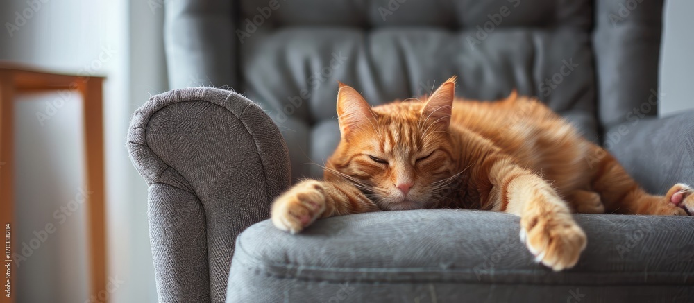Poster Cute red cat lying in grey armchair at home. Copy space image. Place for adding text or design