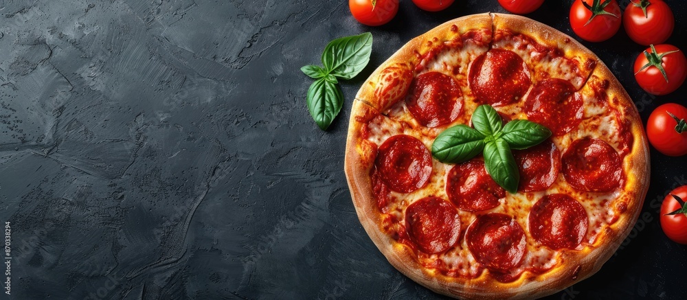 Aufkleber a delicious pepperoni pizza displayed with fresh tomatoes and basil on a stylish black background. t