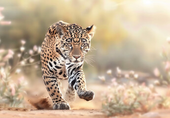 Fototapeta premium A powerful jaguar gracefully runs through a sun-drenched forest, its spotted coat glowing in the warm light