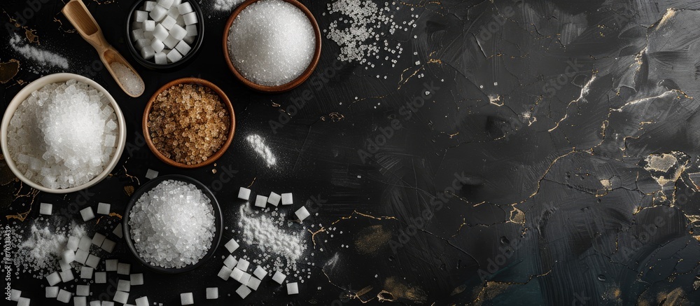 Poster top view of sugar bowls, one with brown and one with white sugar, accompanied by various sugar types