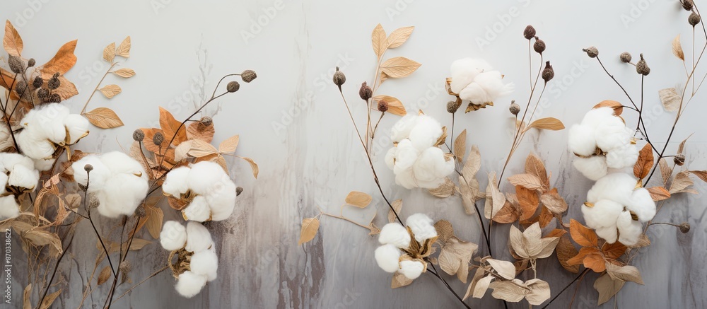 Poster a fall-themed arrangement featuring eucalyptus, cotton flowers, and dried leaves on a soft gray back
