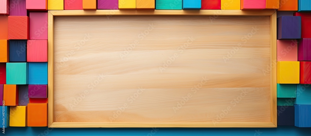 Poster Various colorful wooden pieces are arranged in a frame with ample copy space for text input, creating an isolated background with a textural element.