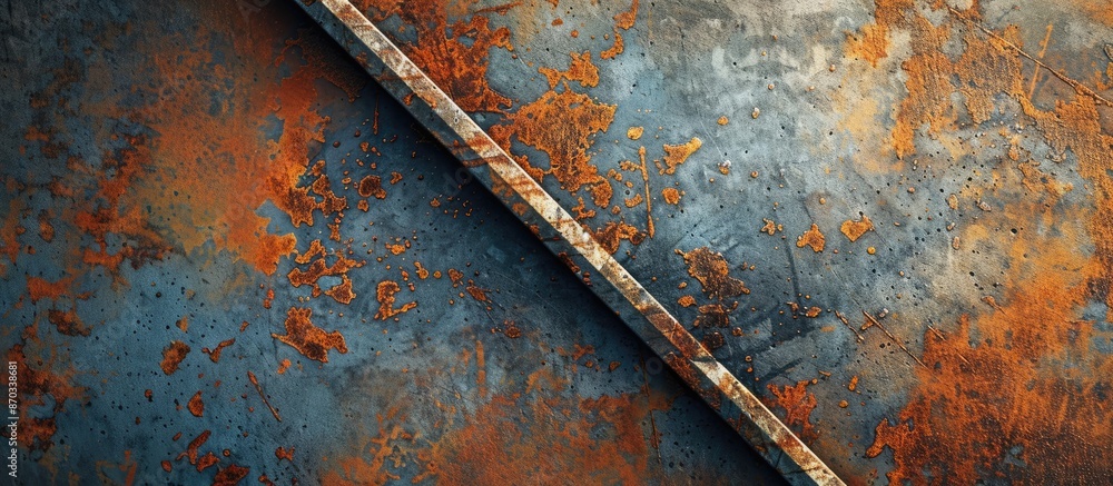 Poster A rusty metal surface with a diagonal border line divides the image into two parts, providing a textured background with copy space image.
