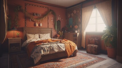 Cozy bedroom interior, big bed. Home decor.
