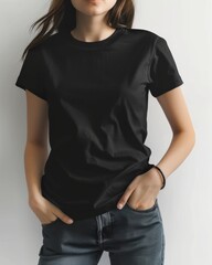 A woman poses in a plain black t-shirt suitable for branding with jeans against a white background