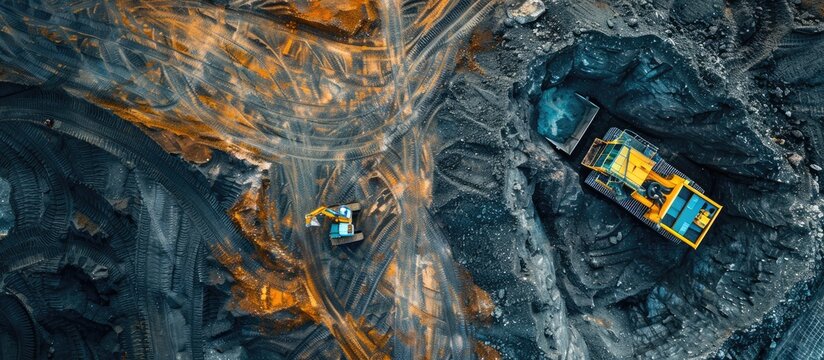 Aerial view of remediation work on a terrain with mining waste fillings, where working machinery and high-density geomembrane cover can be seen. Copy space image. Place for adding text or design