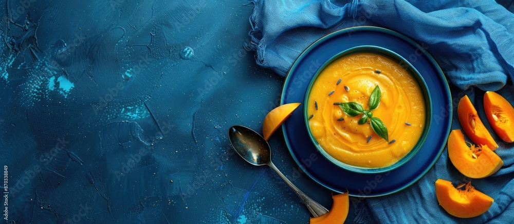 Poster flat lay of pumpkin cream soup in a blue plate on a deep classic blue background with pumpkin slices