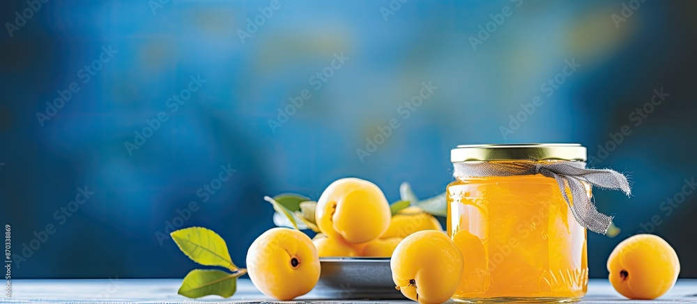 Poster selective focus on yellow plum jam in a glass jar on a blue wooden background with fresh fruit; the 