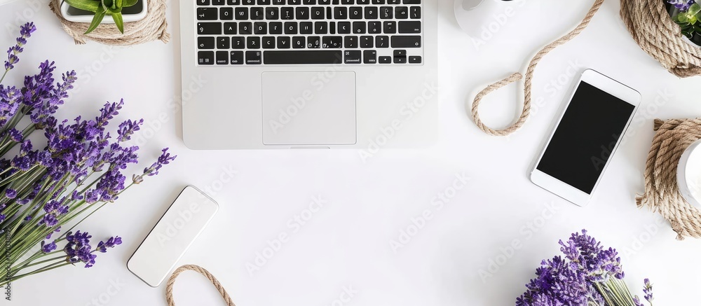 Poster top-down view of white desk featuring laptop, smartphone, rope, and lavender, ideal for text or desi