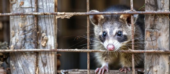 trapped opossum marsupial. Pest and rodent removal cage. Catch and release wildlife animal control service. Copy space image. Place for adding text or design