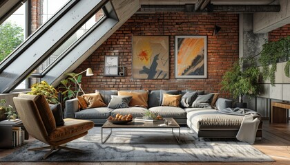 Modern Loft Living Room with Brick Wall and Sectional Sofa