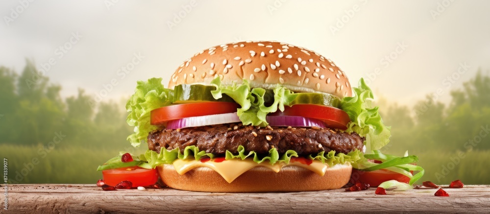 Poster Delicious large hamburger with a visible price tag in a blank background for copy space image.