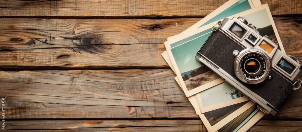 Poster old camera and stack of photos on vintage grunge wooden background, photography hobby lifestyle conc