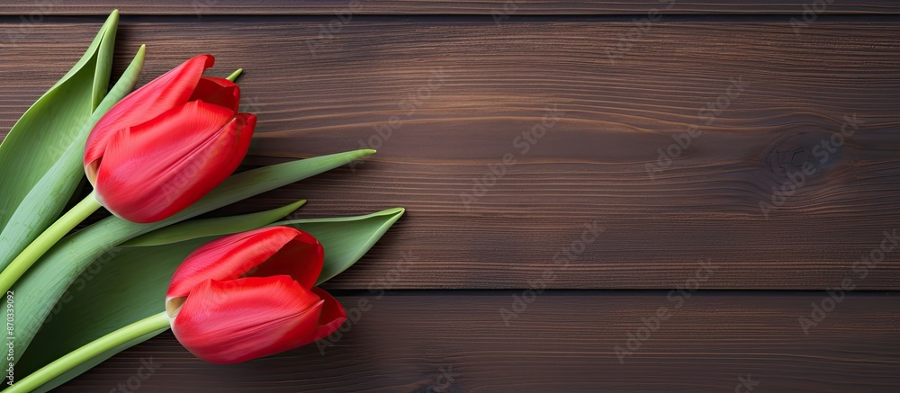 Aufkleber spring flat lay concept with a vibrant tulip on a contemporary wooden backdrop, presenting copy spac