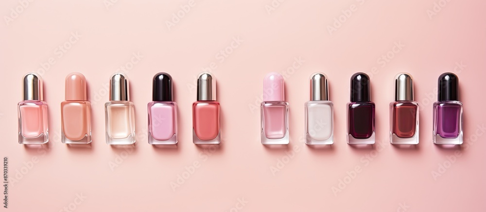 Aufkleber A pastel pink background with an array of vibrant nail polish bottles displayed in a flat lay arrangement with available copy space image.