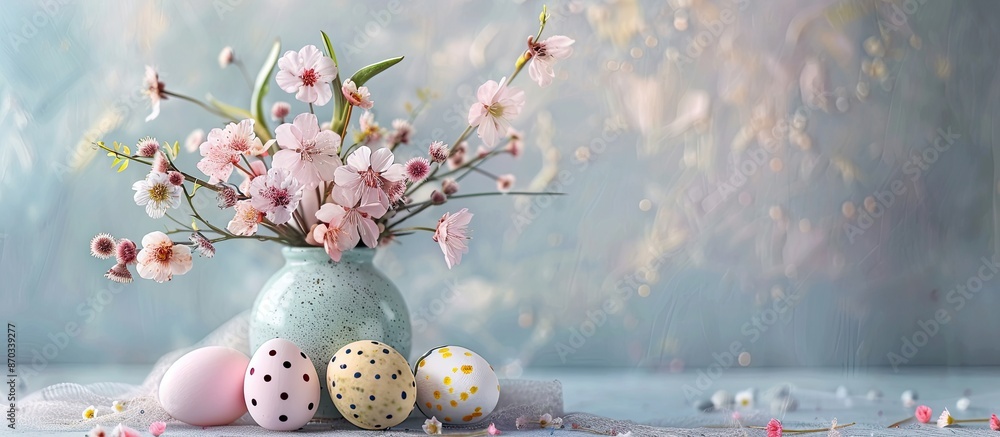Poster an easter-themed background featuring spring flowers in a vase and easter eggs on a light backdrop, 