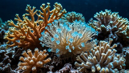 Fototapeta premium The symbiotic relationships between coral polyps and marine organisms ai_generated