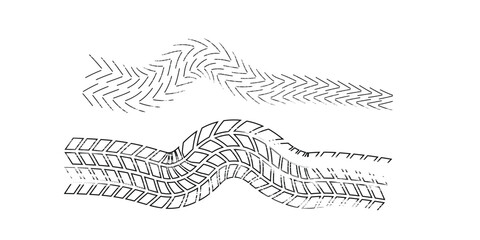 Tire trace track. Abstract wheels braking distances, tread silhouettes brushes. Isolated car or motorcycles vector trails