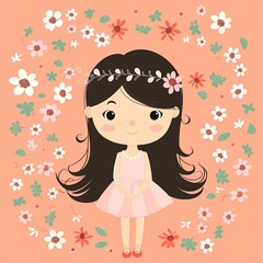 Cute Floral Girl Illustration in Pastel Colors with Flowers