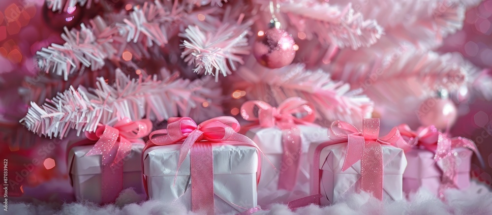 Poster horizontal image with detail of five christmas presents decorated with pink ribbon under a pink chri